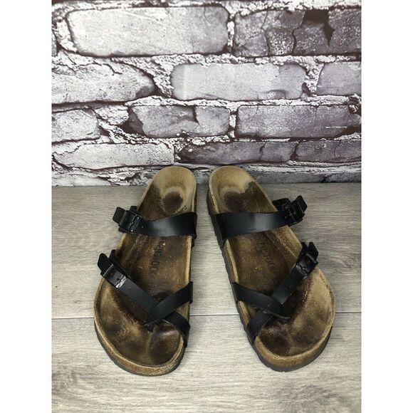 Birkenstock Mayari Black Leather Strappy Toe Post Sandals Women Sz 39EU/8.5M US - Picture 2 of 16